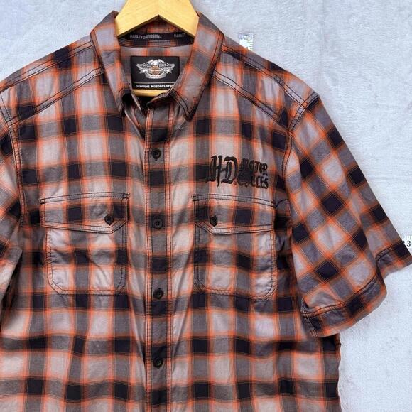 Harley-Davidson Red Black Plaid Men Shirt L Short Sleeve HD Motorcycles Western - Picture 3 of 10